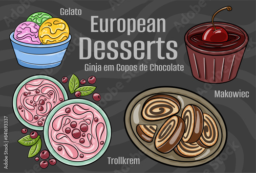 Popular desserts and sweets of European cuisines. Hand-drawn vector illustration