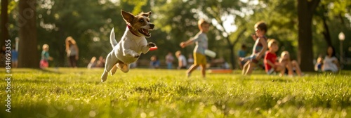 Dog Leaping for Frisbee in Park photo