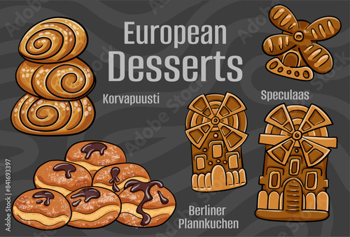 Popular desserts and sweets of European cuisines. Hand-drawn vector illustration