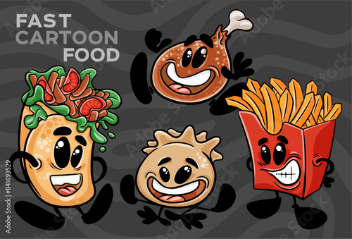 A set of fast-food cartoon characters. Hand-drawn vector illustration photo