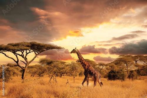 Canvas Print Maasai Giraffe (Giraffa tippelskirchi) and Umbrella Tree in Serengeti National P
