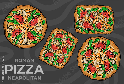 Pizza Margarita with tomato, mozzarella, pesto sauce, basil. Hand-drawn vector illustration
