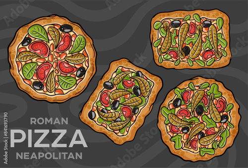 Caesar pizza with chicken, anchovies, romaine, cherry, kalamata, capers, pesto. Hand-drawn vector illustration