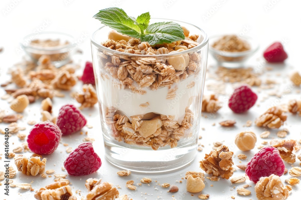 Luxurious granola parfait with yogurt, fresh berries, and honey, presented in a glass for a sophisticated and healthy snack option Luxurious granola parfait with yogurt, fresh berries, and honey, presented in a glass for a sophisticated and healthy snack option