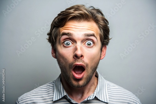 Shocked man with wide eyes and open mouth isolated on background, shocked, surprised, astonished, alarmed, startled, wide-eyed, open-mouthed, fearful, amazed, frightened, panic, disbelief