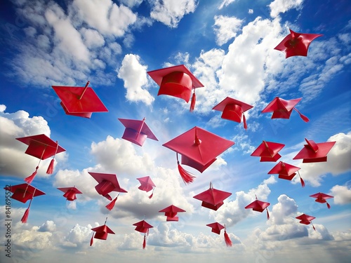 Airborne red graduation caps for 2024 in the sky with white clouds, graduation, caps, ceremony, 2024, sky, clouds, celebration, achievement, education, event, success, flying, toss