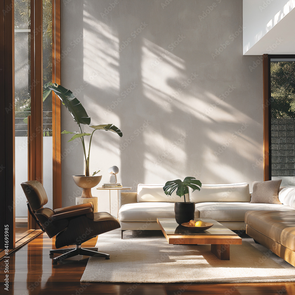 Fototapeta premium Stylish living room with large windows and wooden furniture