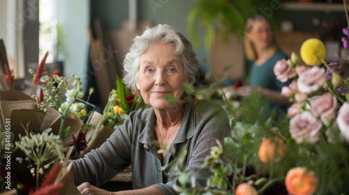 a Caucasian retired woman attending a flower arranging class