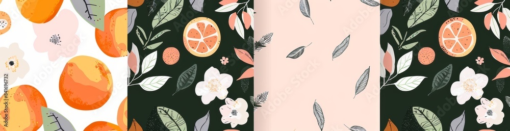 Modern orange floral and polka dot seamless pattern set. Modern orange floral and polka dot seamless pattern set.