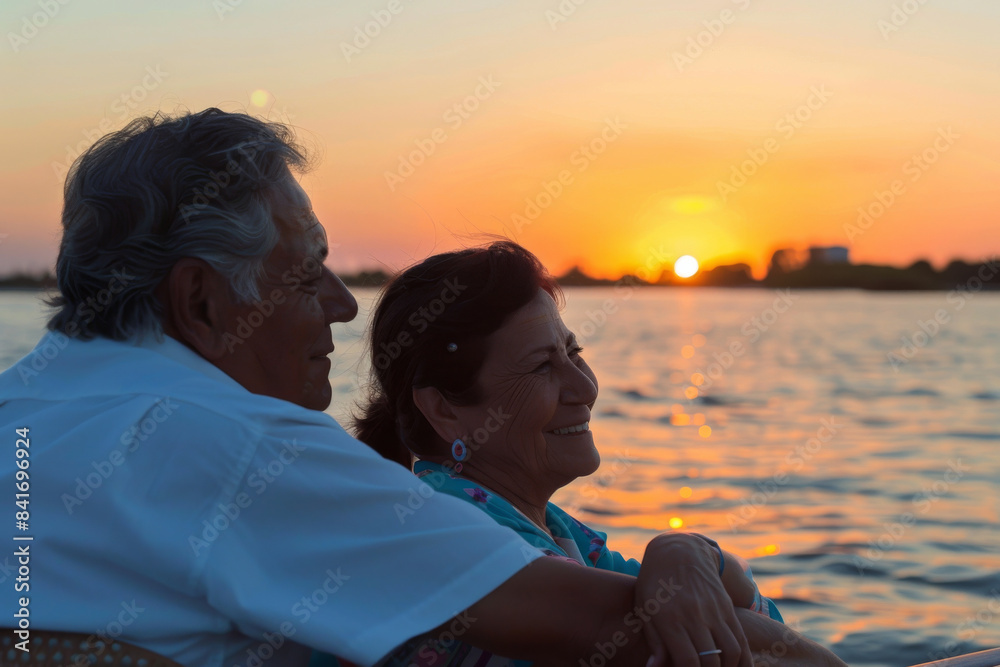 Fototapeta premium a Hispanic retired couple enjoying a sunset boat ride