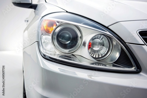 Closeup of white car headlight on white background, headlight, car, vehicle, closeup, detail, white, isolated, auto, transportation, modern, design, automotive, technology, shiny, clean