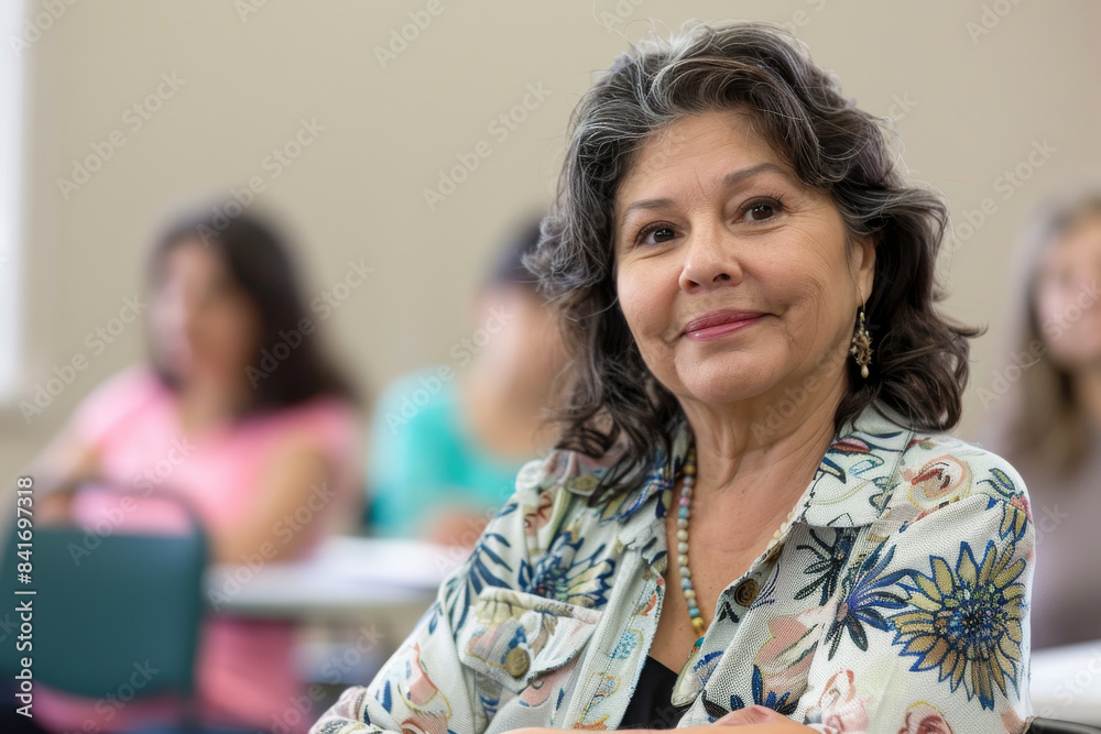 a Hispanic retired woman attending a language class to learn Spanish a Hispanic retired woman attending a language class to learn Spanish