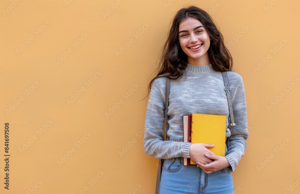 Smiling Young Woman Holding Laptop in Front of Yellow Wall