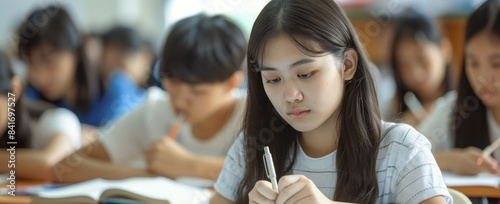 Focused Young Woman Writing In Classroom During Exam