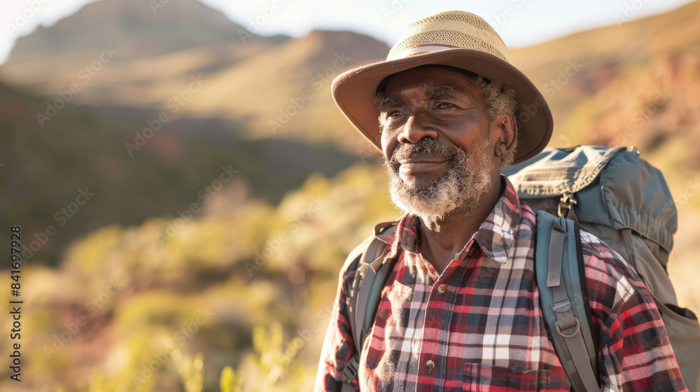 Obraz premium an African American retired man hiking in the mountains