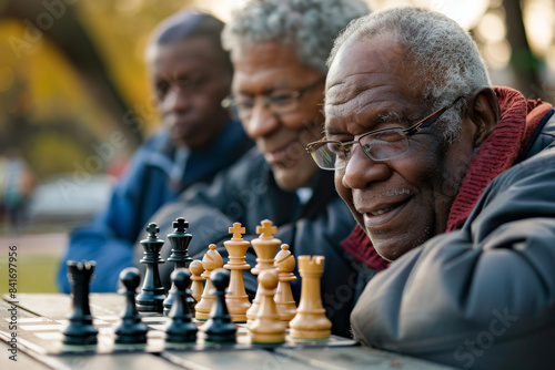 an African American retired man playing chess with friends at a local park