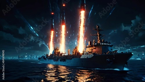 A ship is firing its guns at night, with large explosions in the background.
