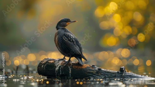 Black Cormorant Perched on Log in Autumnal Lake