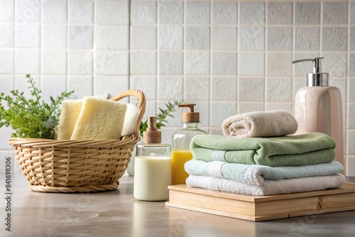 A product photo ad featuring bathroom essentials such as towels, soap, and a bathmat , bathroom, essentials, towels, soap, bathmat, bathroom decor, hygiene, fresh, clean, shower