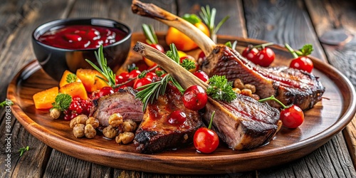 Grilled venison ribs served with baked vegetables and topped with a berry sauce , venison, ribs, grilled, baked, vegetables, berry sauce, delicious, gourmet, savory, barbecue, homemade photo