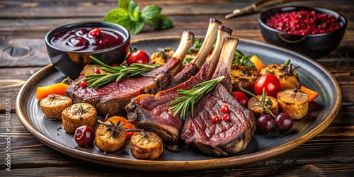Grilled venison ribs served with baked vegetables and topped with a berry sauce , venison, ribs, grilled, baked, vegetables, berry sauce, delicious, gourmet, savory, barbecue, homemade