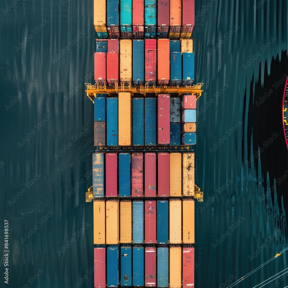 container ship in import export and business logistic.By crane ,Trade Port , Shipping.cargo to harbor.Aerial view.Water transport.International.Shell Marine.Top view.	