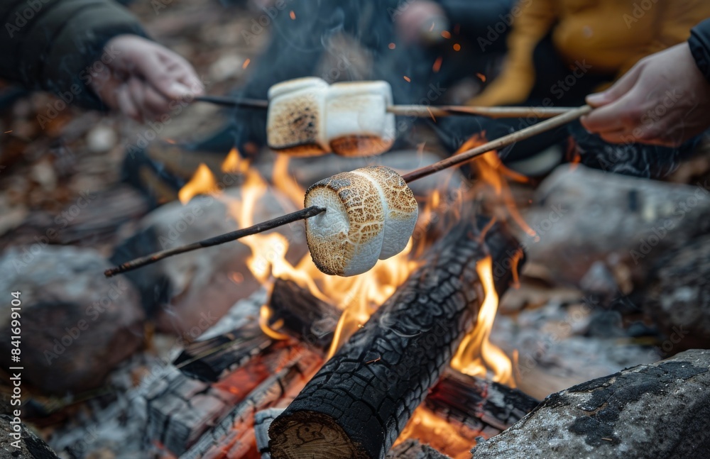 Fototapeta premium Roasting Marshmallows Over a Campfire on a Cold Night