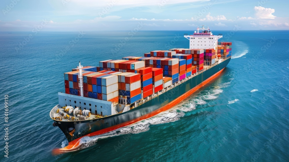 Fototapeta premium container ship in import export and business logistic.By crane ,Trade Port , Shipping.cargo to harbor.Aerial view.Water transport.International.Shell Marine.Top view. 