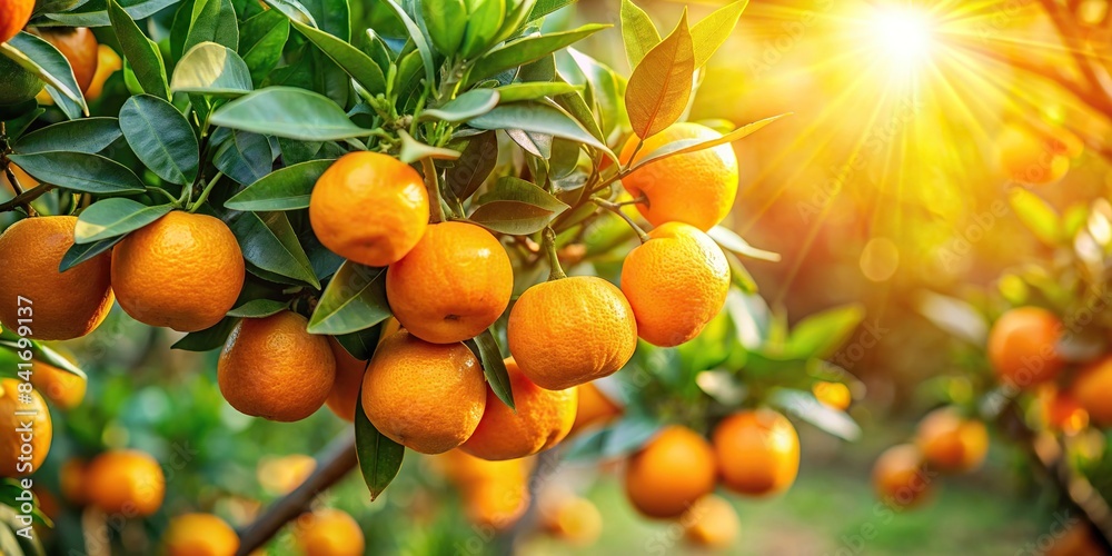 Close up of ripe sweet juicy mandarines on the tree in a fruit garden, with sunlight in background, mandarin, orange, harvest, fresh, tree, garden, ripe, sweet, juicy, citrus, organic