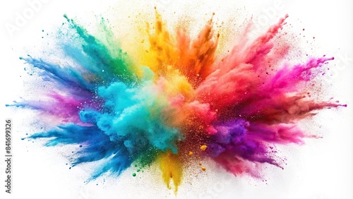 Powder explosion isolated on white background. Colored dust erupts, powder, explosion, isolated, white background, colorful, burst, cloud, particles, vibrant, dynamic, chaos, energetic