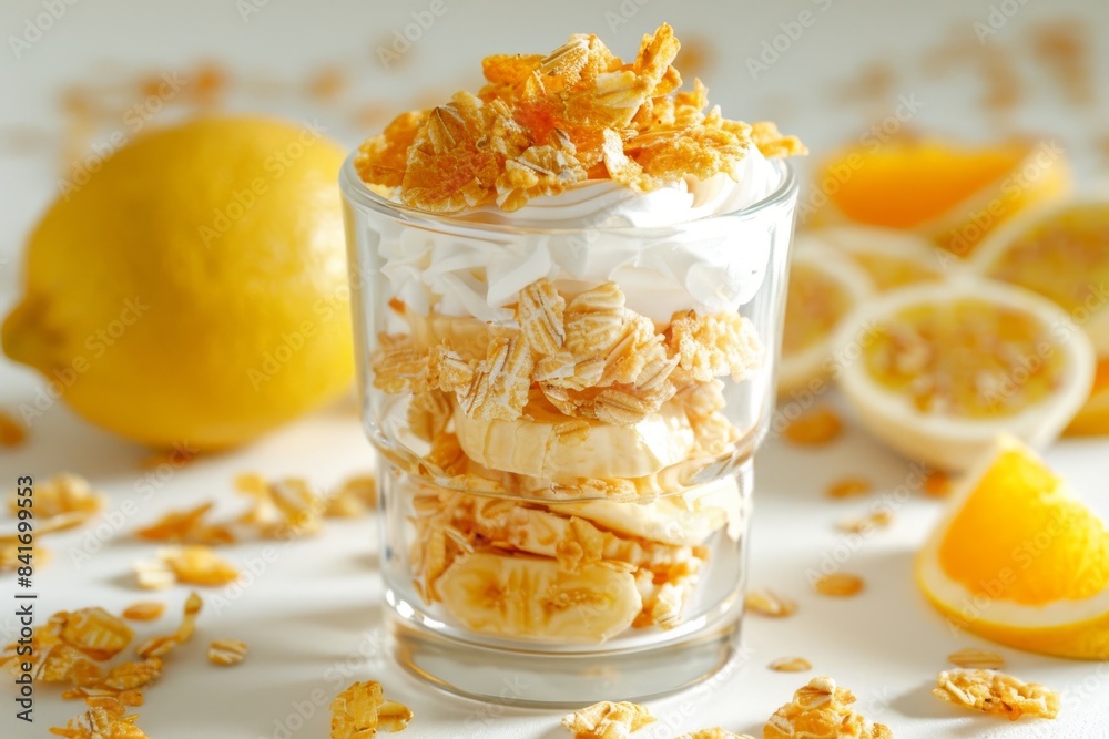 Classic lemon parfait with layers of yogurt and granola, topped with lemon zest, presented in a glass for a refreshing and delicious dessert option Classic lemon parfait with layers of yogurt and granola, topped with lemon zest, presented in a glass for a refreshing and delicious dessert option