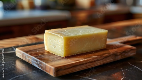 A Block Of Yellow Cheese On A Wooden Cutting Board