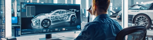 In a futuristic automotive industry workspace, a professional engineer utilizes advanced technology to design a cuttingedge prototype of an electric car, showcasing innovative solutions photo