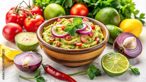 A ceramic bowl filled with creamy, vibrant green guacamole sits on a white background, surrounded by whole ingredients like ripe avocados, red onions, cilantro, limes, jalape?os photo