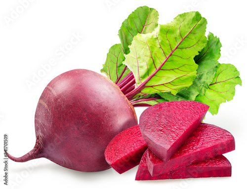 Red beetroot and beetroot slices on white background. File contains clipping paths.