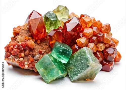 A collection of vibrant vanadinite, rhodonite, prasiolite green quartz, and topaz mineral stones, arranged on a pristine white background, showcasing their unique colors and textures photo