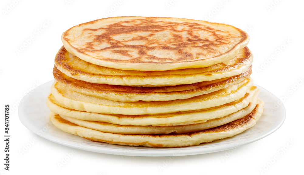 Stack of pancakes on white plate. File contains clipping path. Stack of pancakes on white plate. File contains clipping path.
