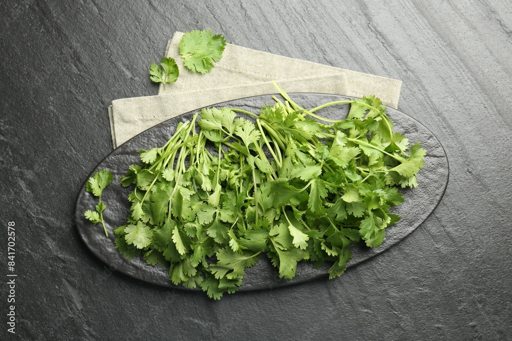 Fresh coriander on dark gray textured table, top view Fresh coriander on dark gray textured table, top view