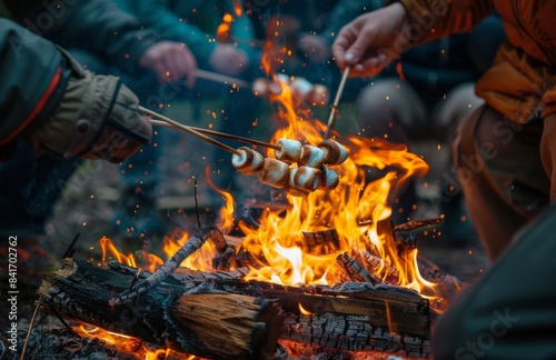 Friends Roasting Marshmallows Over a Campfire in a Forest