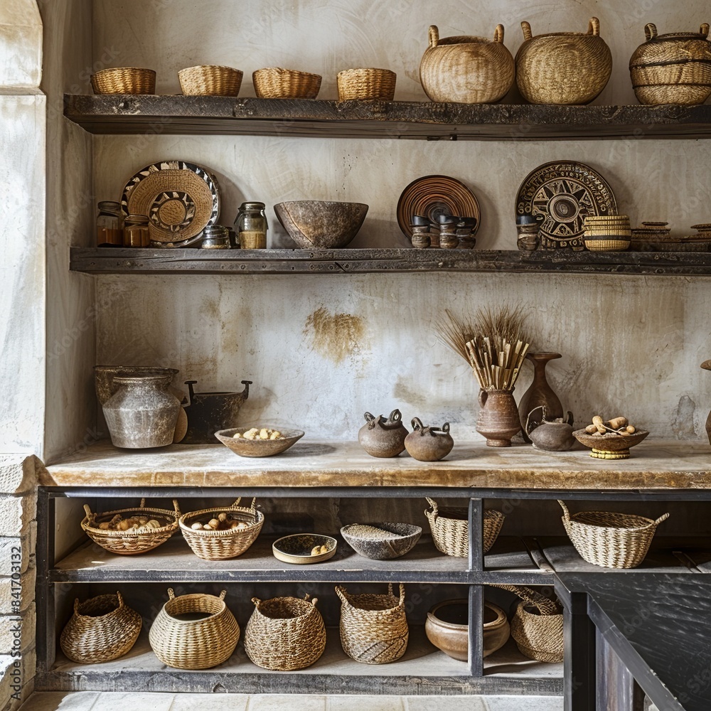 Fototapeta premium This image depicts a rustic countryside African kitchen, featuring mud walls, a thatched roof, and a traditional cooking hearth. The simple yet charming space reflects a deep connection to nature