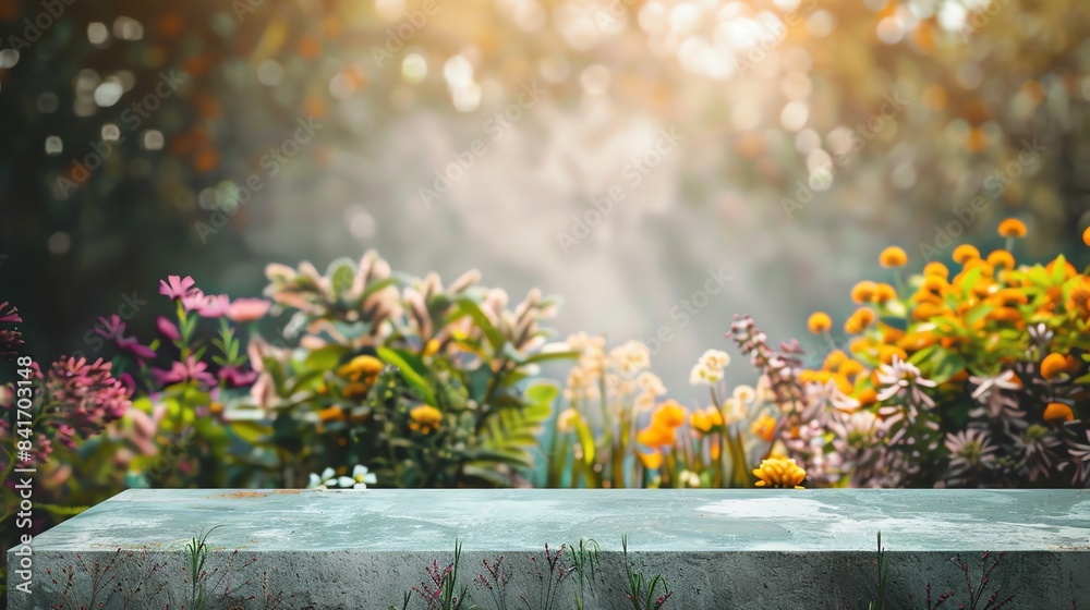 Blank product display podium with garden flowers field meadow on background. Beauty skincare cosmetics presentation. Organic natural concept Blank product display podium with garden flowers field meadow on background. Beauty skincare cosmetics presentation. Organic natural concept