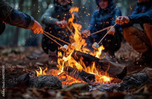 Friends Roasting Marshmallows Over a Campfire in a Forest