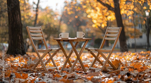 Two Empty Chairs And A Table In A Fall Park Setting