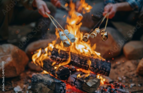 Friends Roasting Marshmallows Over a Campfire in a Forest