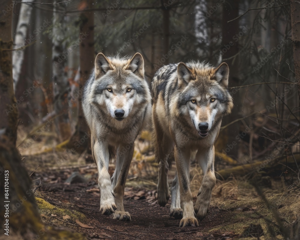 A pair of wolves walking through a forest trail together, representing their journey through life as devoted partners A pair of wolves walking through a forest trail together, representing their journey through life as devoted partners