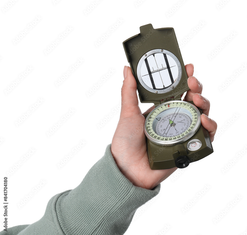Woman holding compass on white background, closeup Woman holding compass on white background, closeup