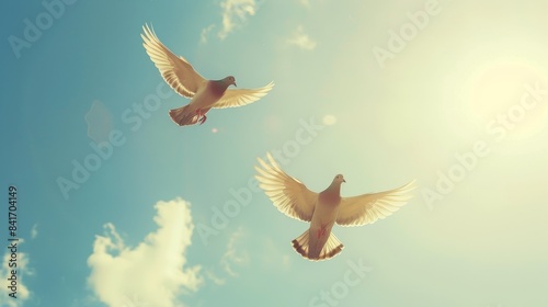 A pair of pigeons flying together in a sky with a few clouds, symbolizing commitment and faithful love