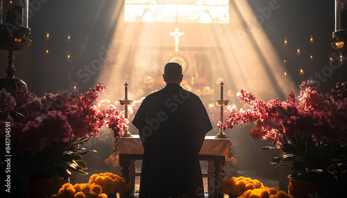 Priest conducting service before altar with flowers photo