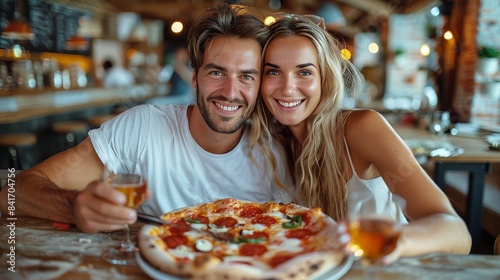 Man and Woman Having Pizza at Table