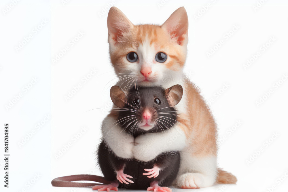 Obraz premium Funny mouse and cat hugging, animal friendship Isolated on white background